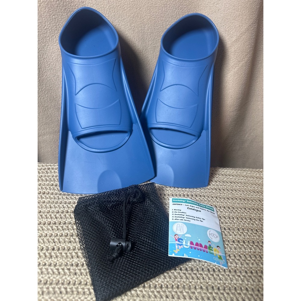 Adult Blue Short Blade Swim Fins Snorkel Flippers XL 42-44 w/ Storage Mesh Bag